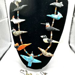 Matt Mitchell Bird 30'' Hummingbird  Carved Natural Stones Silver Necklace Gemstone Jewelry