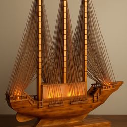 Handcrafted Wooden Sailboat Lamp – Lighted 3-Mast Ship Model 