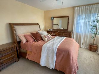 Queen Bedroom Set – Upholstered Sleigh Bed, Dresser, Mirror & Nightstand