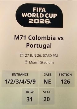 World Cup Columbia vs Portugal Saturday June 27 Miami Sec 126