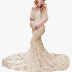 Women's Spaghetti Strap Lace Floral Maternity Dress, Elegant Chiffon Dress, Soft and Comfortable, Baby Shower Photography