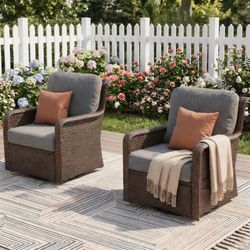 Tribesigns 360° Swivel Wicker Patio Chair Set of 2, Handwoven PE Rattan, 5.5" Thick Olefin Cushions, Weatherproof Conversation Seating for Porch Deck 