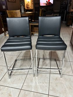 Pair of Modern Black Leather Counter Stools with Chrome Base