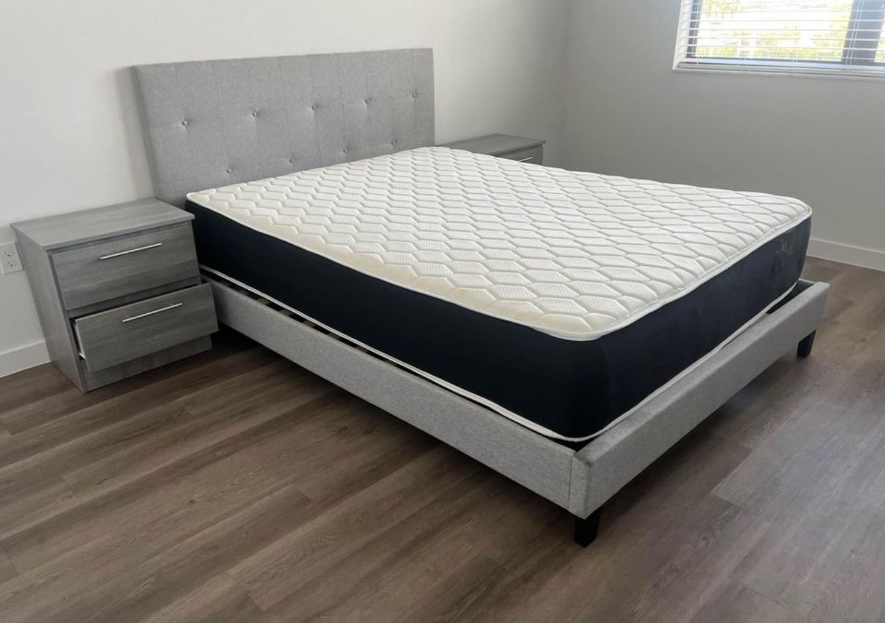 Brand New Queen Bed Frame with Mattress and 2 Nightstands / Cama Queen con Colchón y 2 Mesas de Noche Nuevo a Estrenar … Fast Delivery 🚚