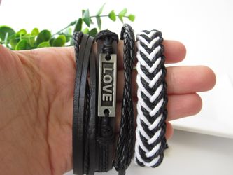 Adjustable Size up to 9.5inc Braided Multi-layer Leather Bracelet (Set of 4), Love
