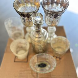 7 Pecies Of Mercury Glass Candle Holder, Bottle Etc