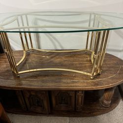 VINTAGE WOODEN COFFEE TABLE OVAL SHAPE GLASS 