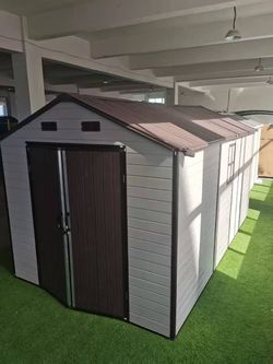 8x14x7.6 Ft Outdoor Resin Storage Shed with Windows, Strong Aluminum Frame & Floor for Garden, Backyard Organization (White+Brown)