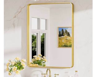 Keonjinn 24-in W x 32-in H Rectangle Brushed Gold Framed Wall Mirror