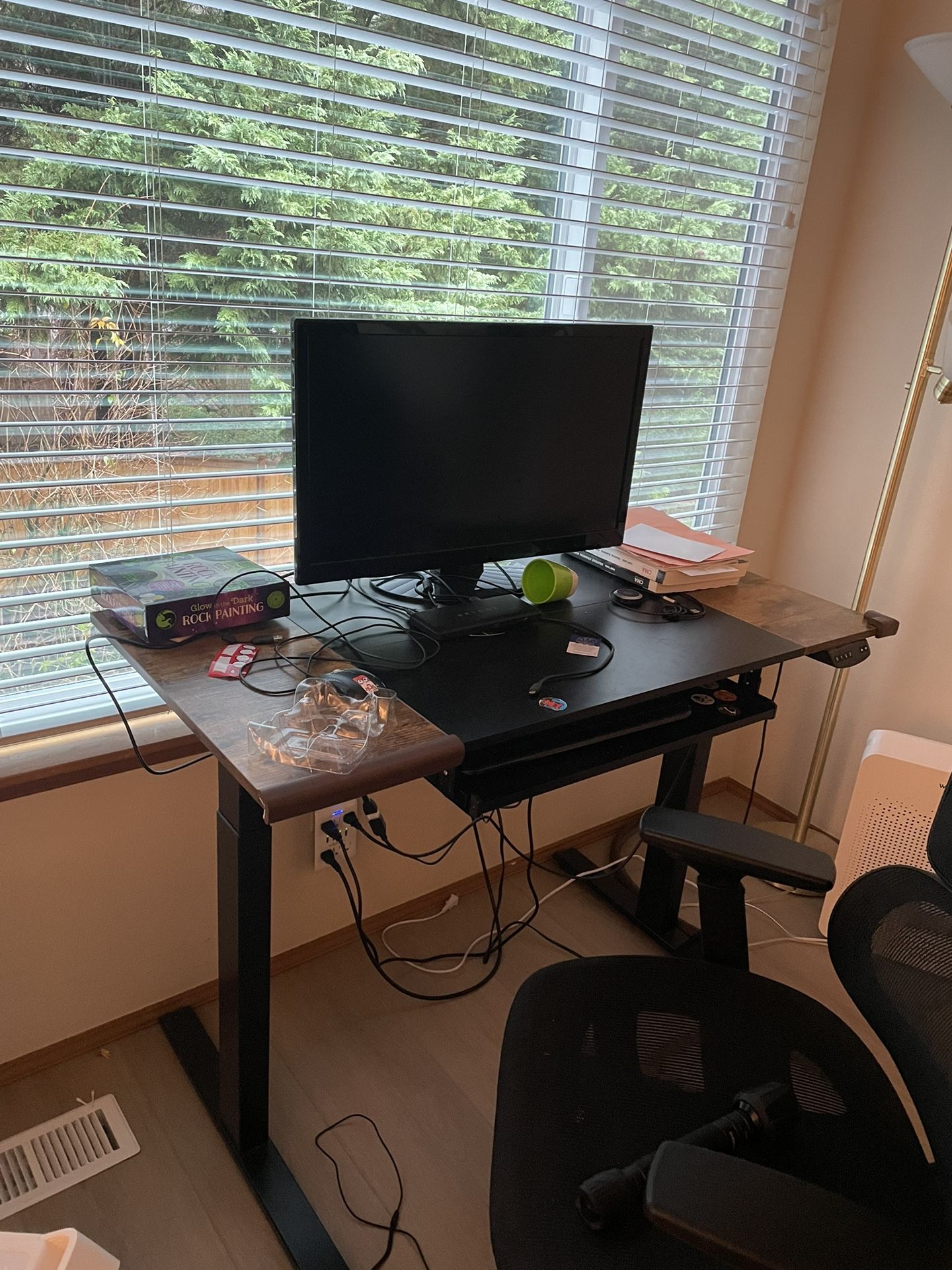 Standing Desk with Keyboard Tray, 48 x 24 Inch Sit Stand  able with Splice Board, Black Frame/Rustic Brown an Desk + Free Monitor