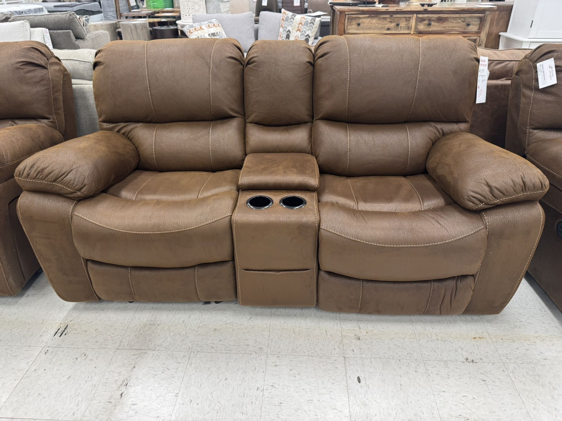 Dual Gliding Reclining Love With Console & Leather Look Fabric