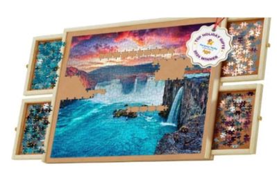 NEW Beyond Innoventions 1000 Piece Rotating Puzzle Board with 4 Drawers Portable Wooden New, Open Box 30" x 22"