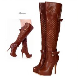 New Women Stiletto Slim Over Knee Leather Boots 5.5, 7.5 Brown Thigh High Shoes Nature Breeze Amber-01