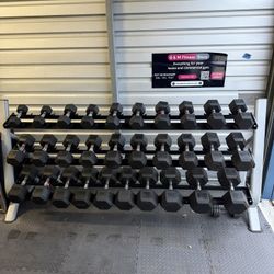 New pair of 10,15,20,25,30,35,40,45,50,55,60,70,80,90,100lb rubber dumbbell with commercial rack. $1945