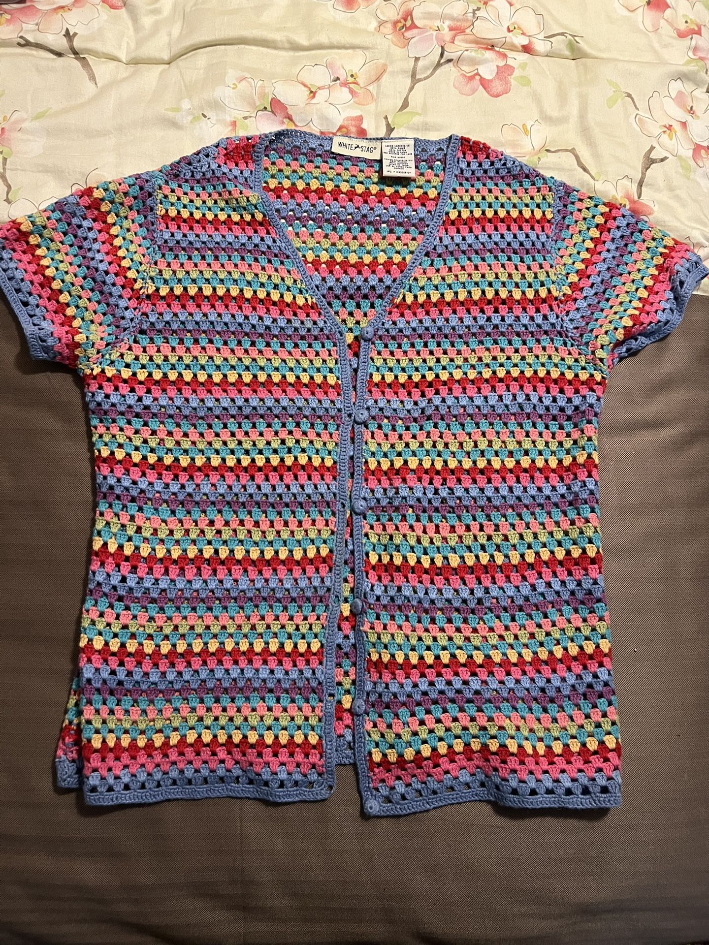 Vintage Y2K Crochet Rainbow Knit Button Front Short Sleeve Cardigan Large 12/14