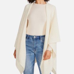 Steve Madden Women's Open Front Solid Boucle Lurex Cape Poncho Cream Ivory Cozy