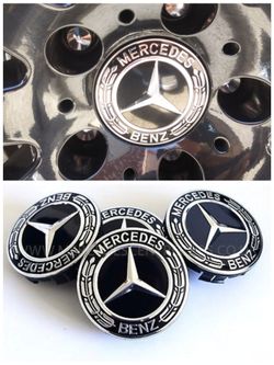 *Firm Price* Set of 4 - New - Black - 75mm /3 Inch Mercedes Benz Wheel Caps - Mercedes Wheel Caps - Mercedes Benz Center Wheel Caps