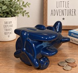 Blue Airplane Ceramic Coin Bank