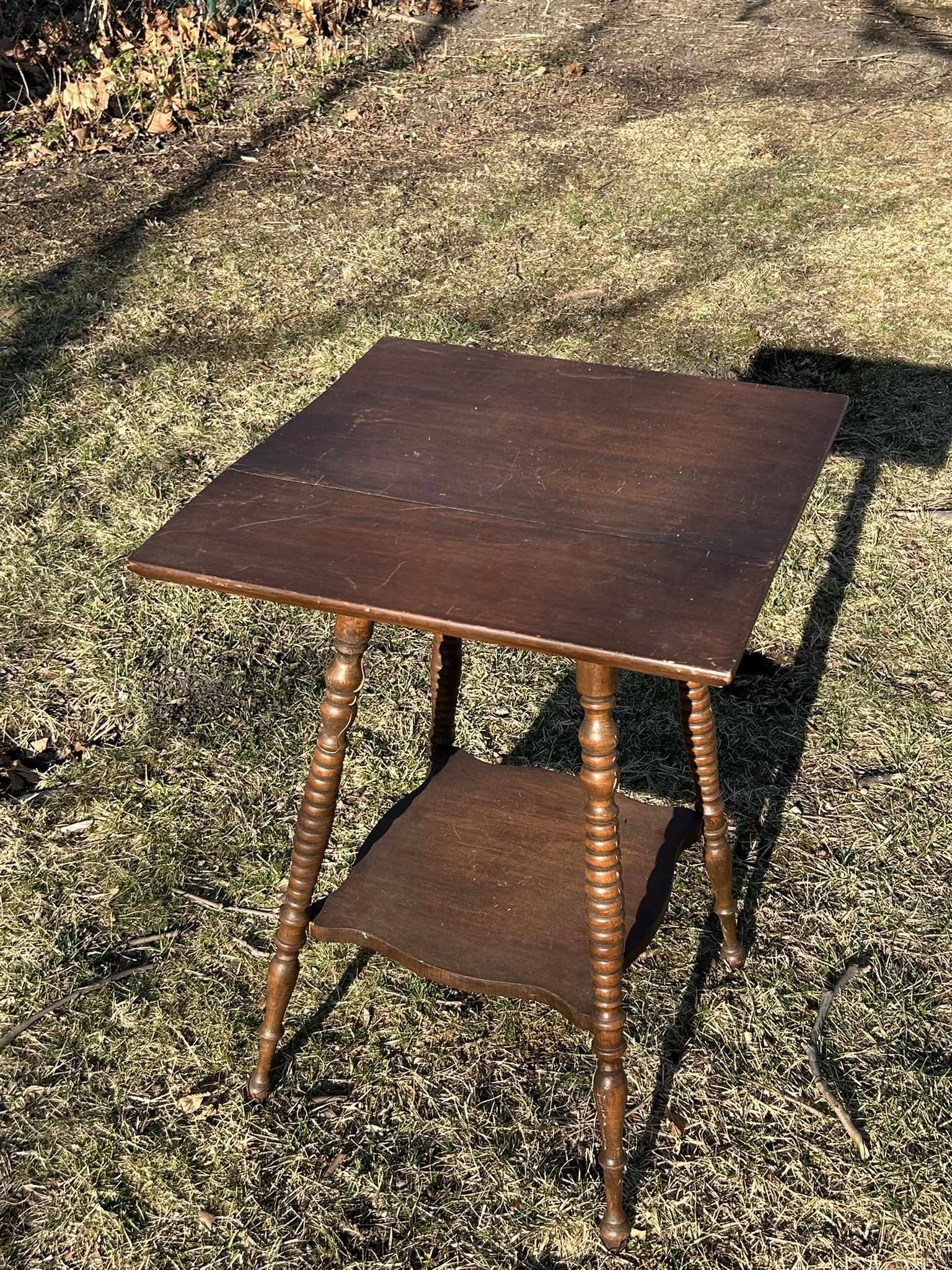 Antique Victorian Square Wood Parlor Table – Turned Spindle Legs