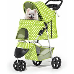 3 Wheels Pet Dog Cat Stroller for Small Medium Dogs Cats, Foldable Jogger Stroller w/Storage Basket and Cup Holder, Lawn Green Polka Dots