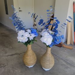 Large Vase Floral Arrangement Silk Flowers  Hydrangea Rose Eucalyptus Wicker Vase