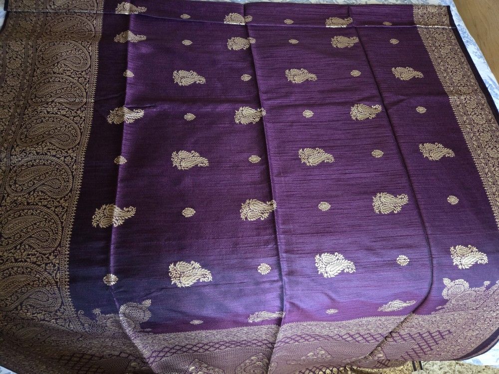 Brand New Beautiful Eggplant Color Blended Tussar Saree With Matching Blouse Piece
