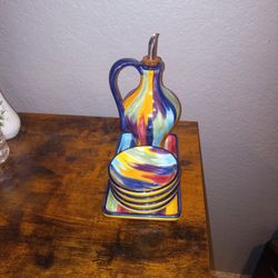 Hand Painted Madrid Tabletops Unlimited 6 Piece Oil Pitcher With Matching Plate And Sauce Bowls