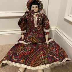 Antique China Doll Red Cheeks Blue Eyes 23 Inch 