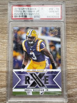 2014 Upper Deck Odell Beckham Jr. Rookie Exclusives Card, graded PSA 10 Gem Mint. Card is in decent condit