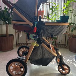 Italian Leather Designer Baby Stroller And Basinet With Real Rubber Wheels