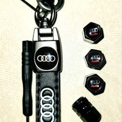 AUDI TIRE VALVE STEM COVERS & LEATHER KEYCHAIN 