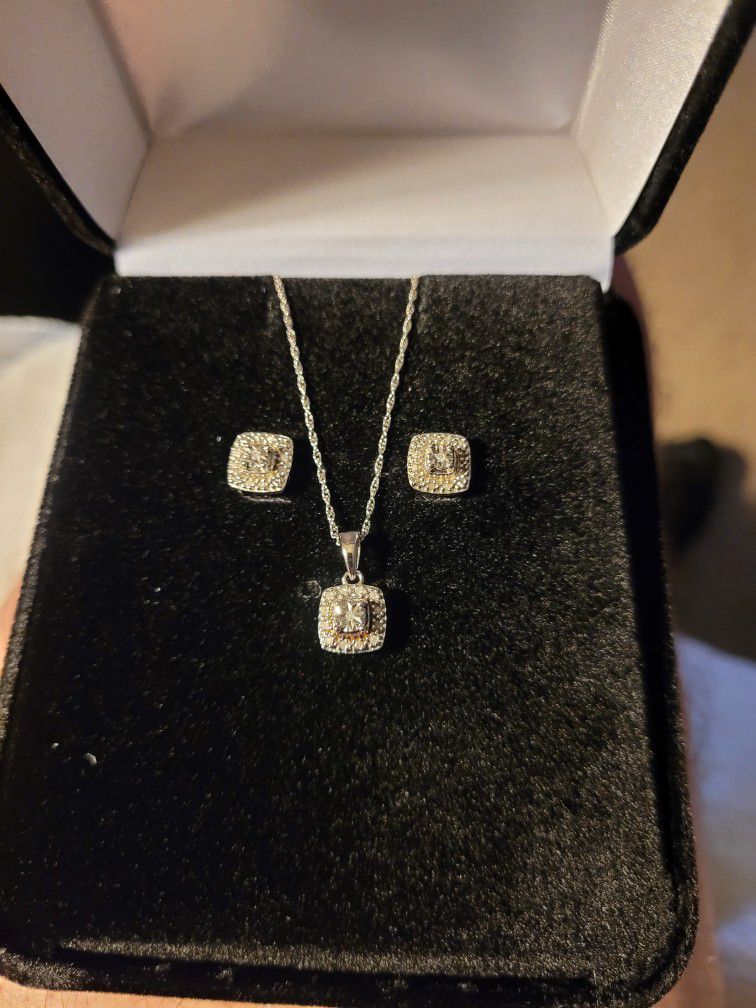 Diamond Earrings And Matching Necklace Sterling Silver