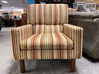 Red & Sand Striped Upholstered Armchair w/ Ottoman