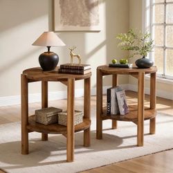 Set of two 2 Tier Solid Wood Round Side Table, Farmhouse End Table with Storage Shelves