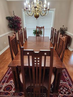 Amish Mission Style Oak Dining Table with 8 Chairs