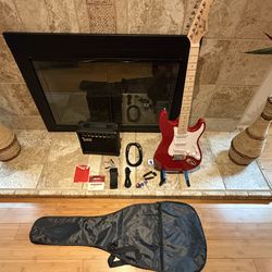 GLS Red Stratocaster Style Guitar and Amp Cord mono