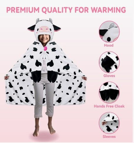 Cow Print Wearable Kids Hooded Blanket, New