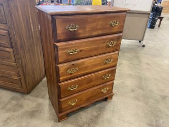 Vintage French Country Style Wooden 5 Drawer Dresser with Ornate Swing Pulls