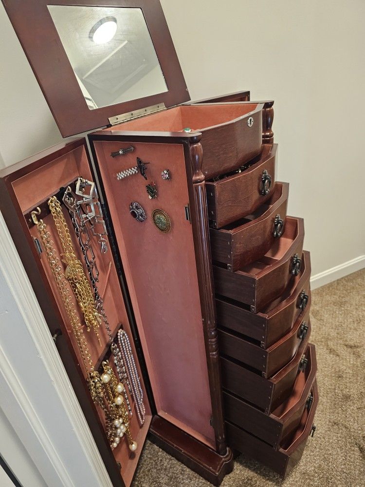 $125.00 - 1980's Mahogany Wood Jewelry Cabinet, Lots Of Storage Space + Mirror! Solid Wood From JC Penney! Lowest Price!