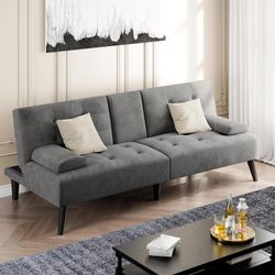 New Modern Futon Sofa Bed, Velvet Foldable Couch Reclining Sleeper w/Removable Armrests, Upholstered Loveseat w/Folding Cup Holders for Home, Office, 