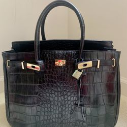 Black Gold 100% Genuine Calfskin Italian Croco Embossed Large Leather Bag Handbag Tote Made In Italy New NWT