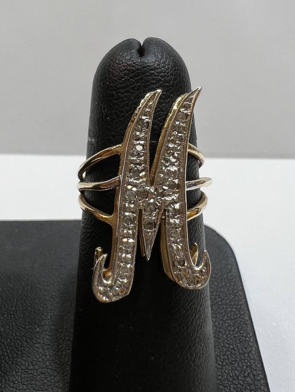 14k yellow gold diamond ring with letter “M”