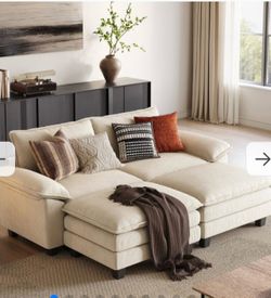 Cream Corduroy Sectional Sofa with Ottoman