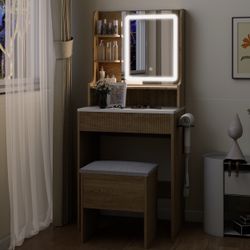 Makeup Vanity Table with Stool, Lighted Mirror & Power Outlet, Compact Dresser