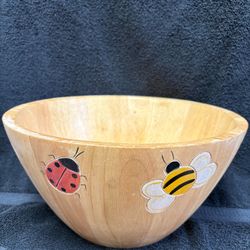 Vintage 1999 Clay Art Wooden Salad Bowl - Hand-Painted Bumblebee & Ladybug Motif MCM Cottagecore Whimsical