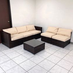 (NEW) $395 (6-Piece) Patio Furniture Set Outdoor Sectional Set Wicker Rattan Sofa Chair Set w/ Cushion, Glass Table