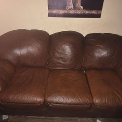 Brown Leather 3 Seater Couch And 1 Large Leather Chair 