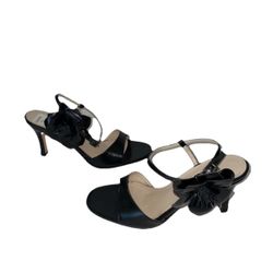 Sutton studio Ankle Strap heels Black leather size 6 m (36.5 m) + flower  Heels are 3”.25