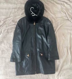 Black Leather Coat with Fur Collar XL men
