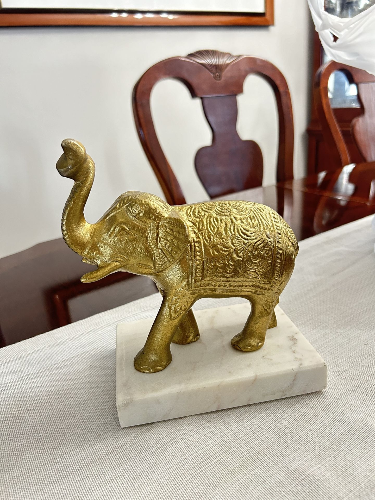 Vintage ELEPHANT Trunk Up Good Luck Gold Brass On Marble Base Statue